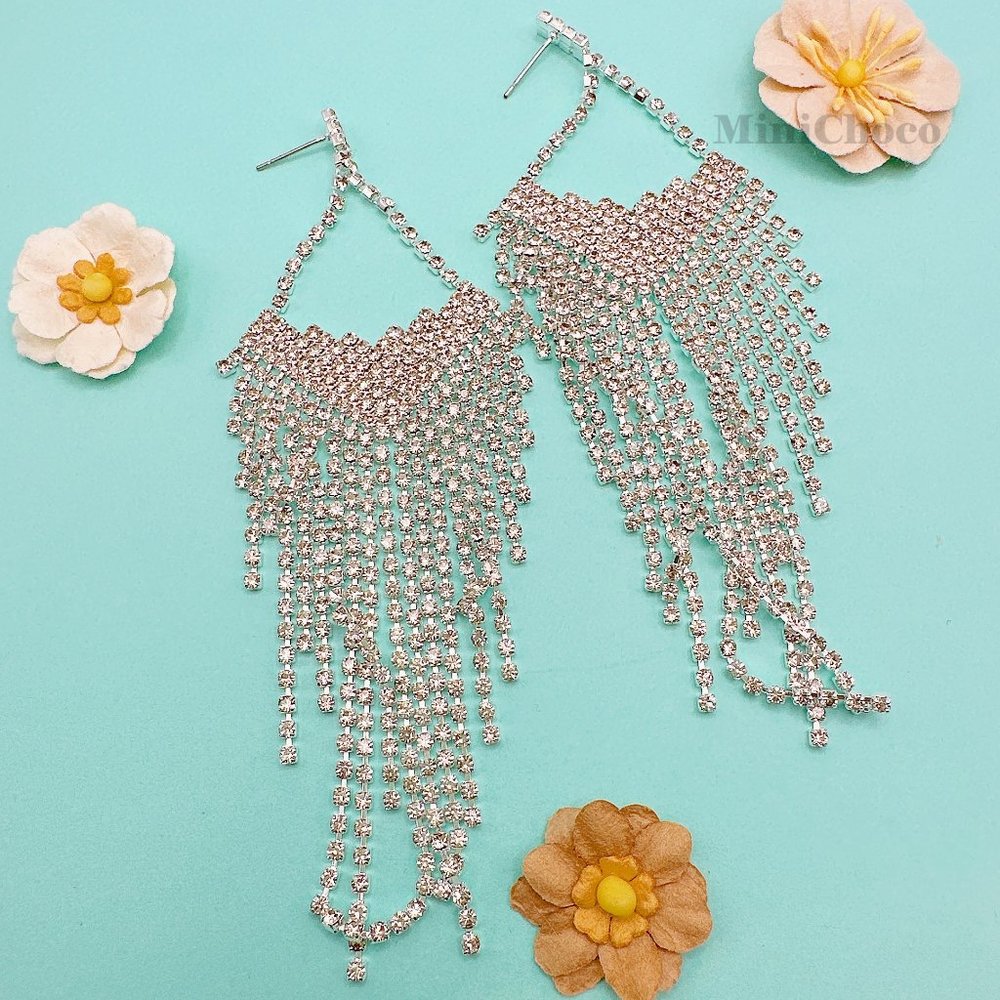 Diamond Shape Forever Fringe Rhinestone Earrings(Silver Tone)
